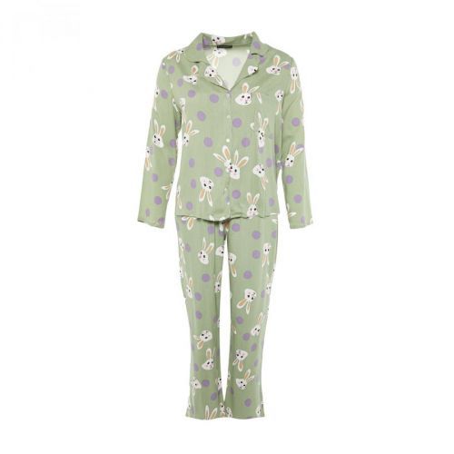 Trendyol Curve Mint Rabbit Printed Woven Pajamas Set
