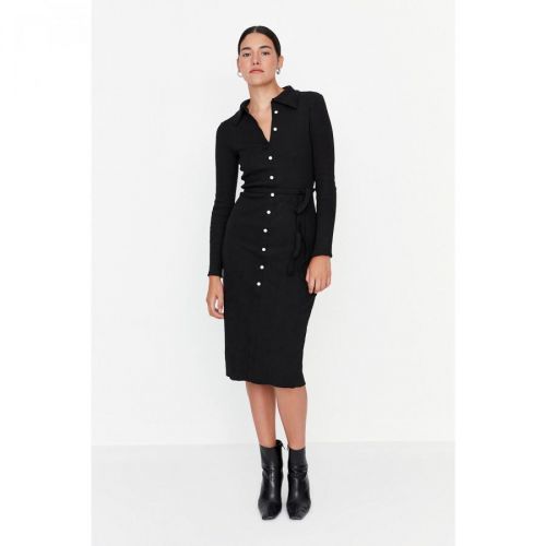 Trendyol Black Ribbed Buttoned Knit Dress