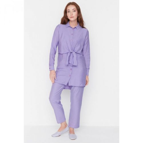 Trendyol Lilac Buttoned Waist Tie Detailed Woven Bottom-Top Set