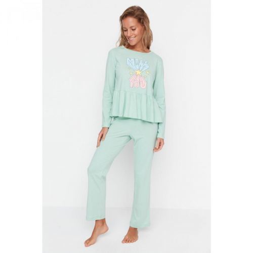 Trendyol Mint Ruffle Detailed Knitted Pajamas Set