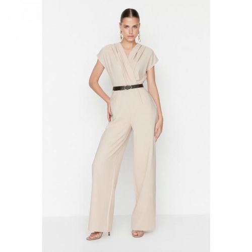 Trendyol Stone Belt Double Breasted Collar Jumpsuit