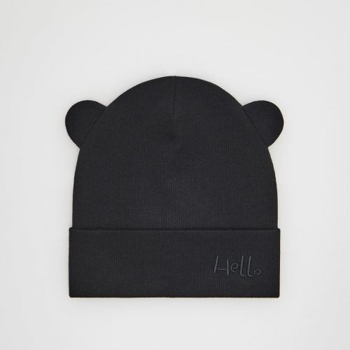 Reserved - Čiapka beanie z prúžkovaného úpletu s uškami - Čierna