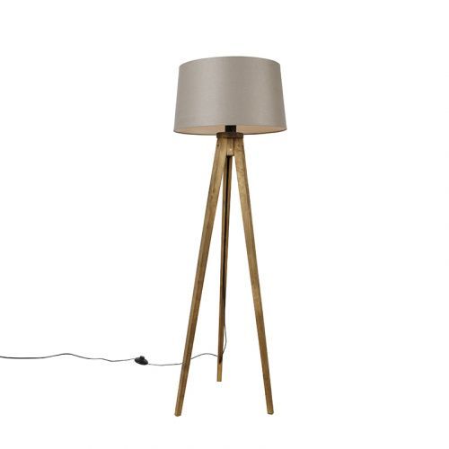 Vidiecky statív vintage drevo s ľanovým tienidlom taupe 45 cm - Tripod Classic