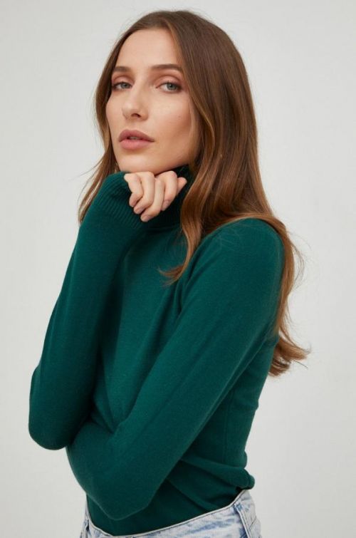 Sveter Answear Lab dámsky, zelená farba, tenký, s rolákom