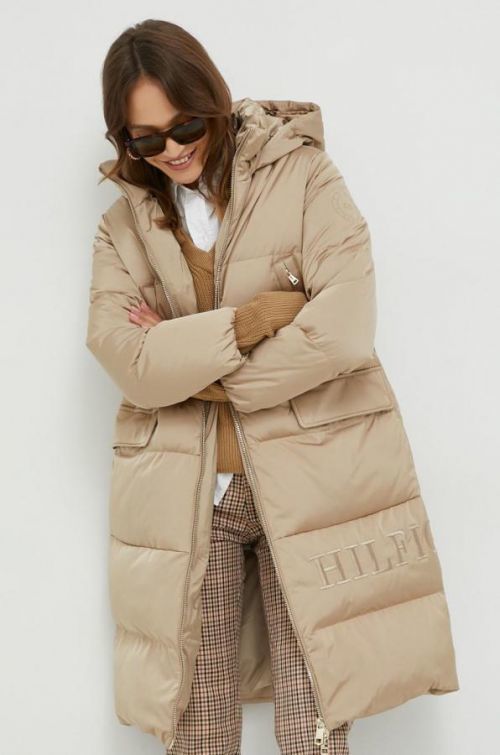 Páperová bunda Tommy Hilfiger dámska, béžová farba, zimná,