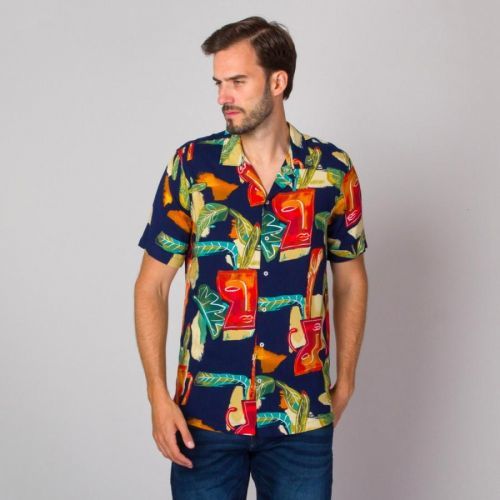 Pánska modrá košeľa havajského štýlu s farebným geometrickým vzorom 14335