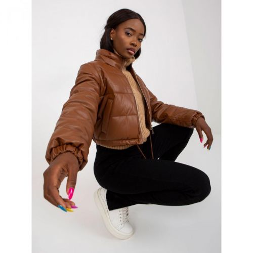 Brown short winter jacket made of ecological leather