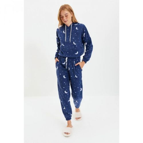 Trendyol Navy Blue Hooded Fleece Knitted Pajamas Set