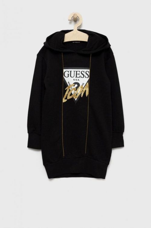 Dievčenské bavlnené šaty Guess čierna farba, mini, rovný strih