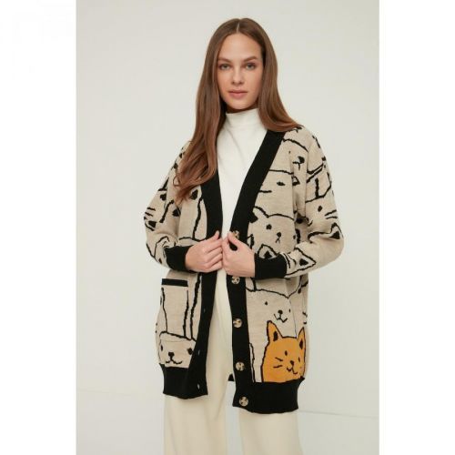 Trendyol Beige V Neck Cat Patterned Knitwear Cardigan