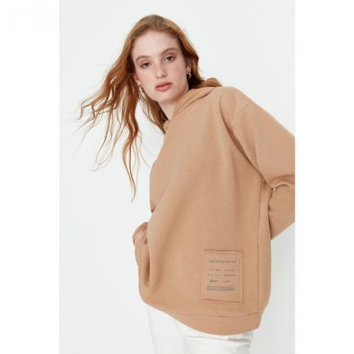 Trendyol Beige Loose Hoodie Printed and Raised Knitted Sweatshirt