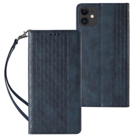 MG Magnet Strap knižkové kožené puzdro na iPhone 13, modré