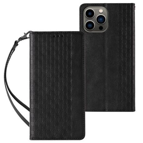 MG Magnet Strap knižkové kožené puzdro na iPhone 13 Pro Max, čierne