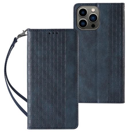 MG Magnet Strap knižkové kožené puzdro na iPhone 13 Pro Max, modré