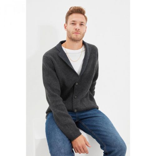 Trendyol Anthracite Men Regular Fit Men Collar Knitwear Cardigan
