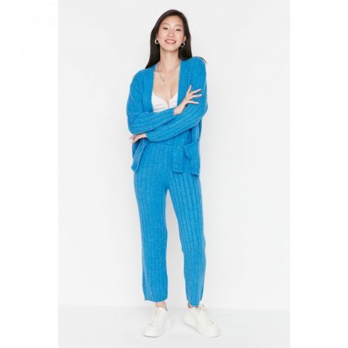 Trendyol Blue Button Detailed Cardigan Pants Knitwear Bottom-Top Suit