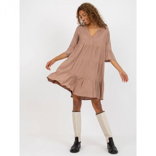 Light brown dress with a frill and V-neck SUBLEVEL