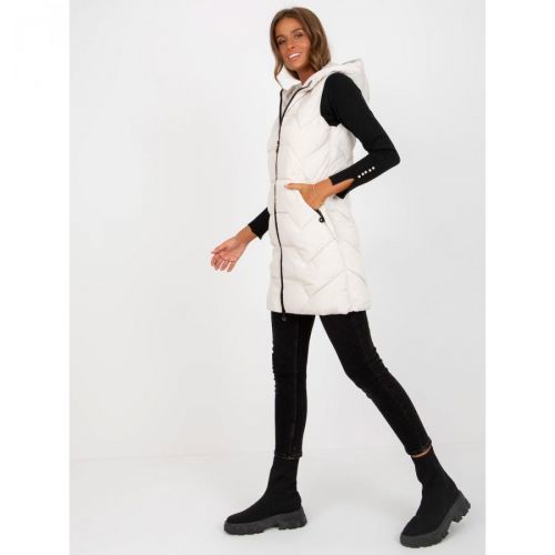 Light beige long down vest with a hood