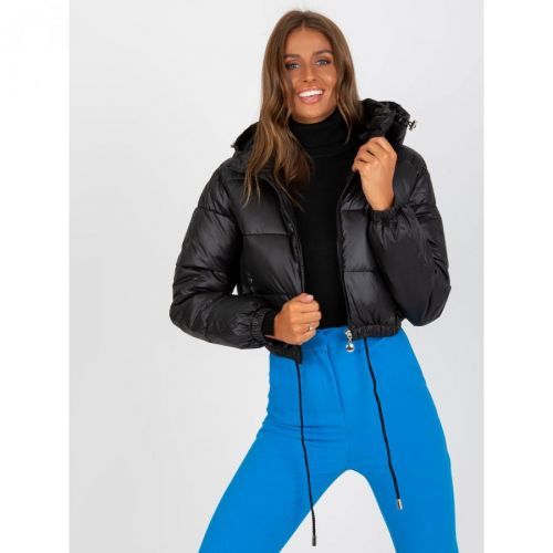 Black quilted winter jacket with a hood