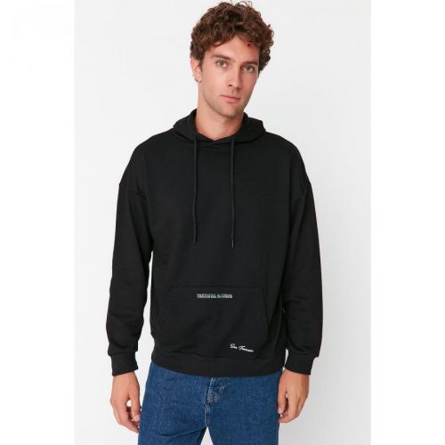 Trendyol Black Men's Oversize Fit Hoodie Printed Sweatshirt