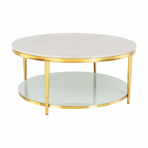 Konferenčních stolek, světlý mramor lesklý/ bílá lesklá/ zlatý nátěr, ENION NEW