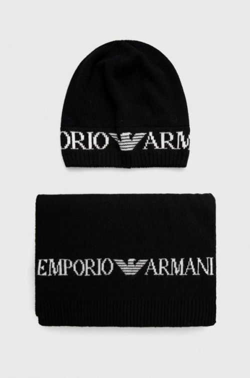 Čiapka a šál s prímesou vlny Emporio Armani čierna farba