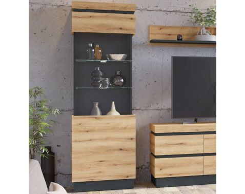 Vysoká vitrína Corte, dub coast/tmavo šedá, pravá%