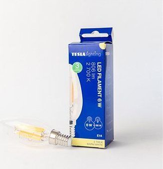 Tesla – LED žiarovka FILAMENT RETRO sviečka E14, 6 W, 230 V, 806 lm, 25 000 h, 2 700 K teplá biela,360st,čirá