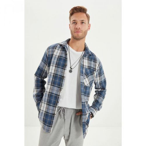 Trendyol Blue Men's Slim Fit Buttoned Collar Single Pocket Lumberjack Plaid Shirt