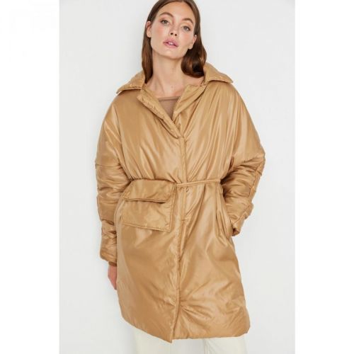Trendyol Camel Bag Belt Detailed Wide Cut Oversize Quilted Inflatable Coat