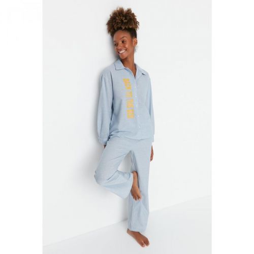 Trendyol Blue Slogan Printed Shirt Collar Terrycotton Woven Pajamas Set