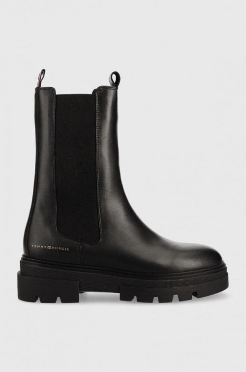 Kožené topánky chelsea Tommy Hilfiger Monochromatic Chelsea Boot dámske, čierna farba, na plochom podpätku,