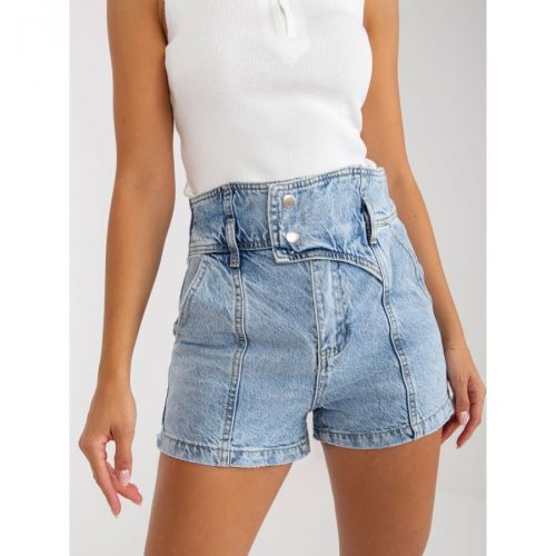 Ladies' blue high waist denim shorts with a faded effect