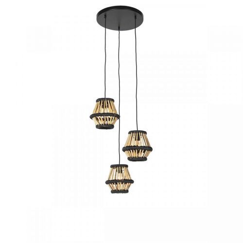 Oosterse hanglamp bamboe met zwart rond 3-lichts - Evalin