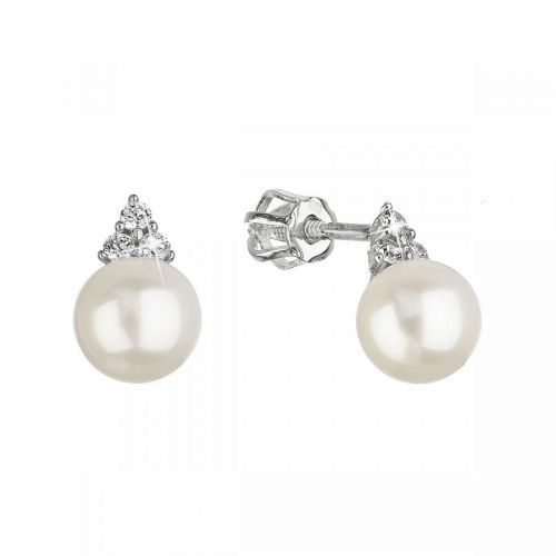 Zlaté 14-karátové náušnice pecky biele zlato s riečnou perlou a tromi zirkónmi 81P00025