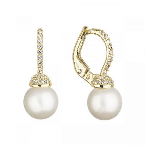 Zlaté 14-karátové náušnice žlté zlato s bielou riečnou perlou a zirkónmi 91P00022