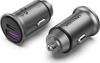 Vention Two-Port USB A+C (30W/30W) Car Charger Gray Mini Style Aluminium Alloy Type