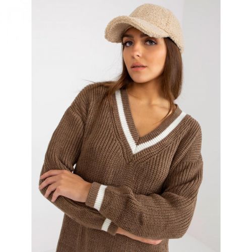 Brown knitted dress with a V-neck RUE PARIS