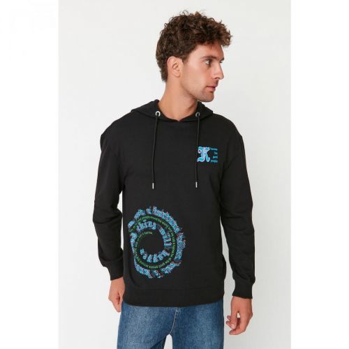 Trendyol Black Men Regular Fit Hoodie Printed Sweatshirt