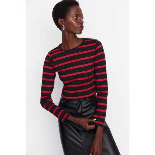 Trendyol Black Striped Low Back Ribbed Knitted Blouse