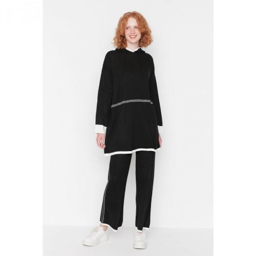 Trendyol Black Contrast Stitch Detail Hooded Knitwear Bottom-Top Set