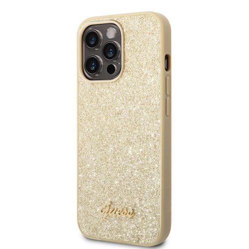 Guess PC/TPU Glitter Flakes Metal Logo Zadní Kryt pro iPhone 14 Pro Max Gold