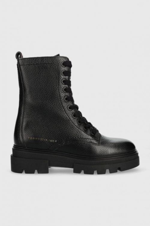 Kožené workery Tommy Hilfiger Monochromatic Lace Up Boot dámske, čierna farba, na plochom podpätku,