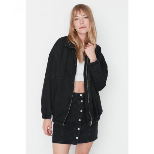 Trendyol Black Zipper Oversize Denim Jacket
