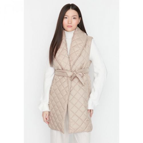 Trendyol Beige Belted Shawl Collar Quilted Vest