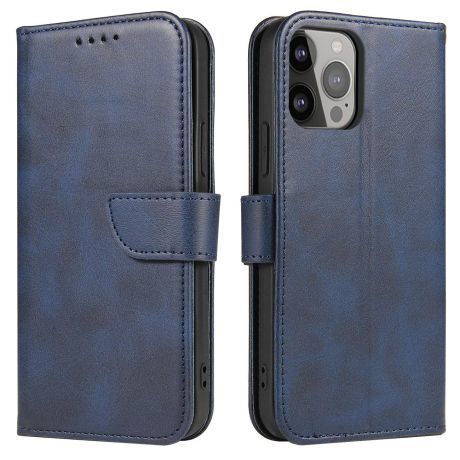 MG Magnet knižkové kožené puzdro na iPhone 14, modré