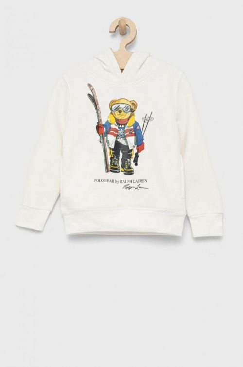 Detská mikina Polo Ralph Lauren biela farba, s kapucňou, s potlačou