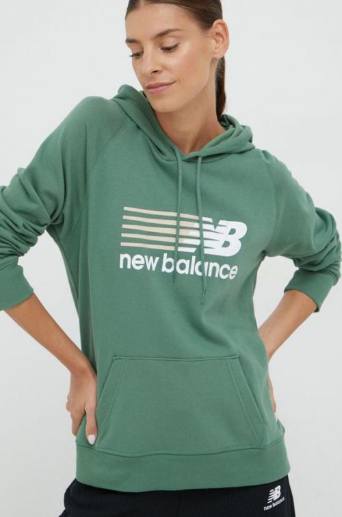 Mikina New Balance dámska, zelená farba, s kapucňou, s potlačou