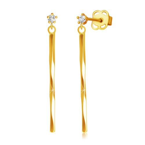 Náušnice zo 14K žltého zlata - tenká špirálovito zatočená palička, číry briliant