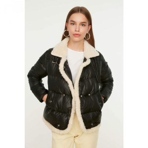 Trendyol Black Plush Detailed Collar Belt Detailed Inflatable Coat
